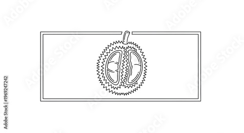 Minimalist single continuous line drawing of an exotic durian fruit split open with visible