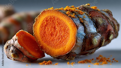 Organic turmeric root cut open showing bright orange interior high resolution image