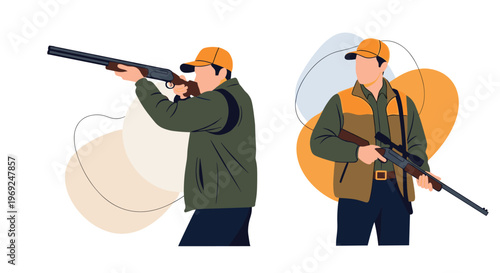 Pair of hunters dressed in camouflage clothing and orange caps carrying shotguns for a traditional hunting trip.