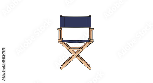 Classic wooden director's chair with dark blue fabric seat and backrest isolated on white background for movie set concepts.