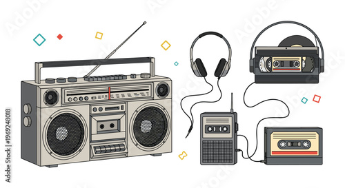 Collection of retro audio equipment including a large silver boombox, headphones, portable cassette player, and music tapes from the eighties.