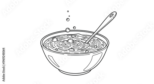 Simple black and white line drawing of a steaming bowl of hot soup or porridge with a spoon and bubbles on white background.