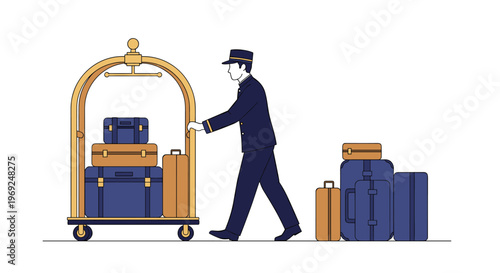 Hotel bellhop in a blue uniform pushing a golden luggage trolley loaded with various suitcases and bags towards a destination.