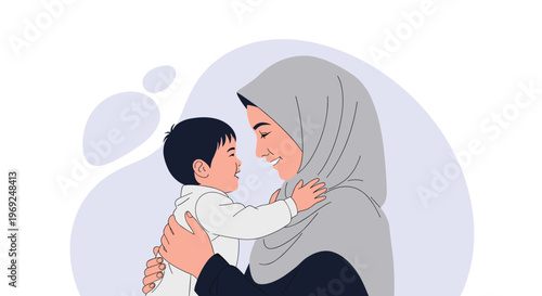 Tender moment showing a Muslim mother wearing a gray hijab smiling and hugging her happy baby boy against a soft background.