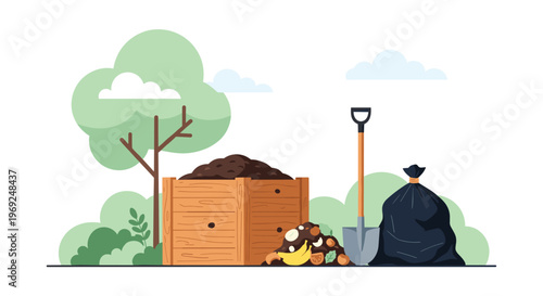 Environmentally friendly composting area featuring a wooden bin, a pile of soil with food scraps, a shovel, and a black waste bag.
