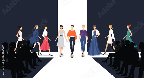 Fashion show event with diverse female models walking down a white runway in stylish clothing while being watched by an audience.