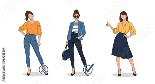 Three fashionable women demonstrating different clothing styles with green check and red cross marks for style advice.