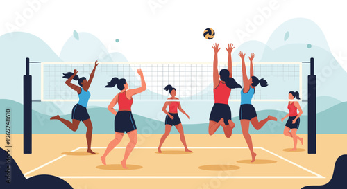 Group of athletic women playing a competitive game of beach volleyball on a sandy court with a net and mountain backdrop.