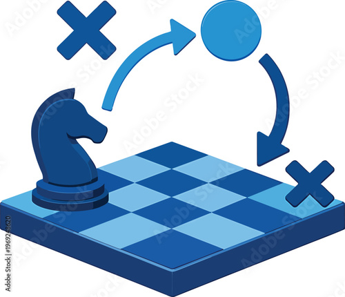 Blue chess knight, strategy game piece, vector illustration, checkmate concept
