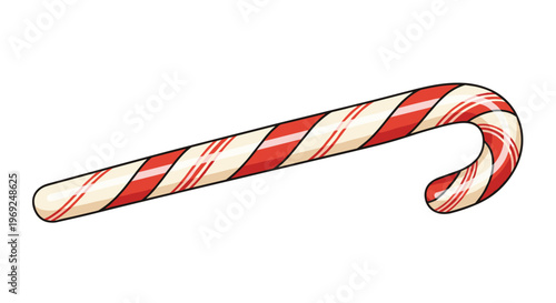 Traditional red and white striped peppermint candy cane with a glossy finish isolated on a plain white background.