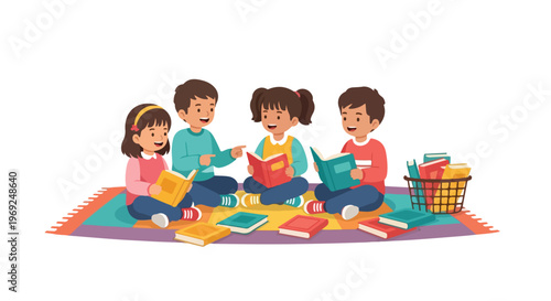 Four diverse children sit cross-legged on a colorful rug, happily reading and discussing stories from various books together.