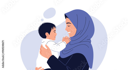 Loving Muslim mother in a blue hijab holding her smiling baby boy with a small thought bubble above his head.