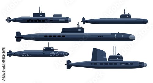 Set of Modern Military Submarines Vector Illustration in Flat Design Style isolated on white background