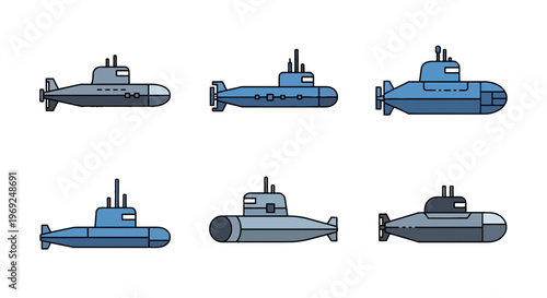 Set of Military Submarine and Underwater Vessel Vector Icons in Flat Design Style Isolated on White Background.