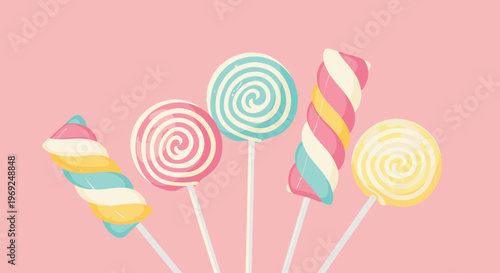 Collection of colorful swirl lollipops and twisted marshmallow treats on sticks over a soft pink background for children.