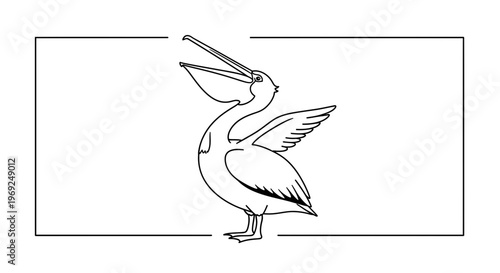 Line Art Pelican with Open Beak and Wings Spread, Vector Illustration