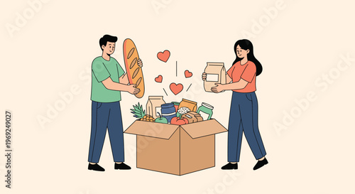 Young man and woman packing a cardboard box with various groceries and bread for a community food donation program.