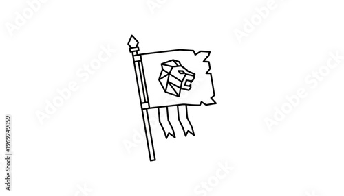 Lion Head Emblem on Tattered Battle Flag, Medieval Banner with Heraldic Symbol