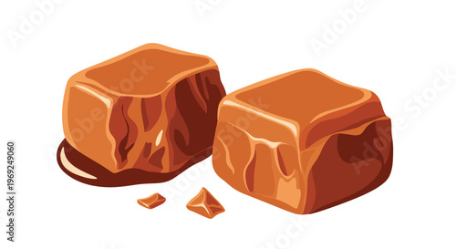 Two soft and chewy caramel cube candies with small crumbs on a white background for sweet snack food advertising.