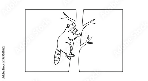 Line Art Raccoon Climbing Tree Branch, Cute Wildlife Animal Illustration
