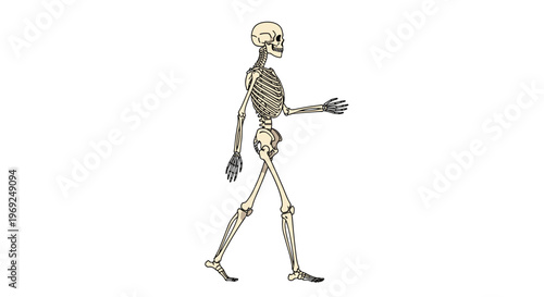 Complete human skeleton walking in profile view against a white background for medical education and anatomy study.