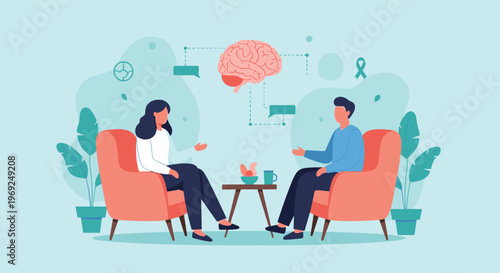 Professional psychologist consulting with a male patient in a cozy office setting with an abstract brain icon symbolizing mental health.
