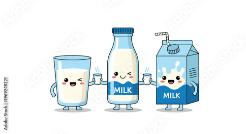 Adorable milk carton, bottle, and glass characters with happy faces toast each other with tiny glasses of milk in a fun illustration.