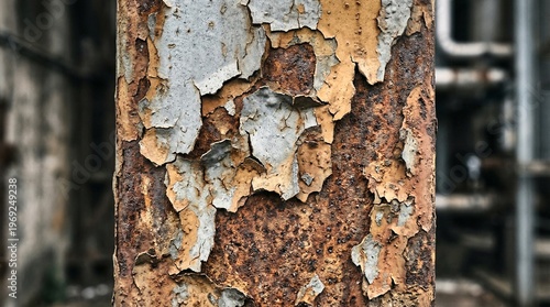 A close up of a tree trunk with peeling paint