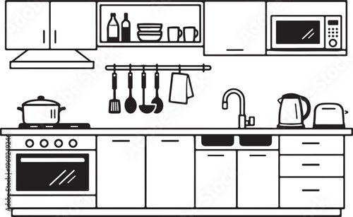 Modern Kitchen Interior Line Art Vector Illustration