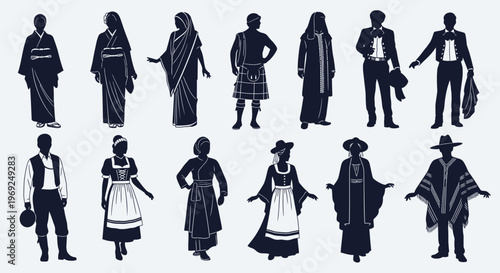 Diverse Cultural Silhouettes of Men and Women in Traditional Attire