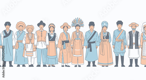 Diverse group of people in traditional clothing standing in line