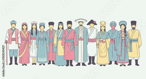 Diverse group of people in traditional Asian clothing standing together