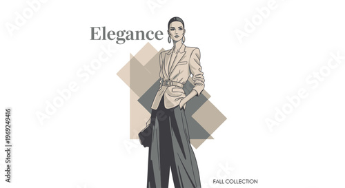 Elegant woman in stylish outfit with beige jacket and black trousers
