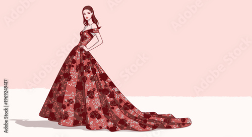 Woman in elegant red floral ball gown with long train standing alone
