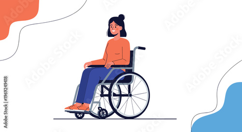 Happy young woman sitting in a modern wheelchair with a positive expression against an abstract colorful wave background.
