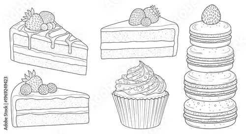 Collection of sweet dessert line art illustrations including strawberry cake slices, a cupcake, and a tall stack of macarons.