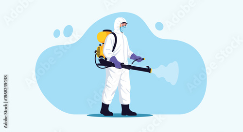 Person wearing a white protective hazmat suit and mask spraying disinfectant to sanitize an area from germs and viruses.