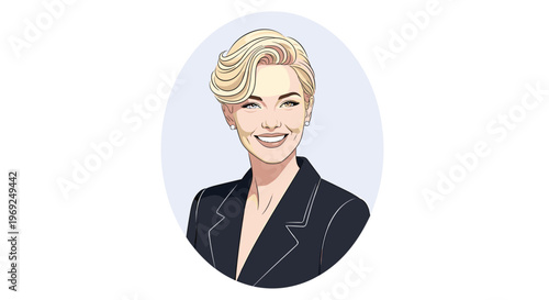 Portrait of a smiling professional woman with short blonde hair wearing a black business suit in a circular frame.