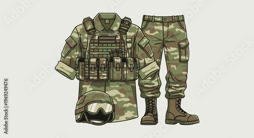 Military tactical gear and uniform set in camouflage