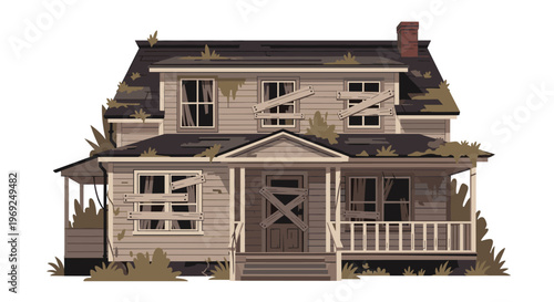 Dilapidated two story wooden house with boarded up windows and overgrown weeds standing abandoned under a white sky.