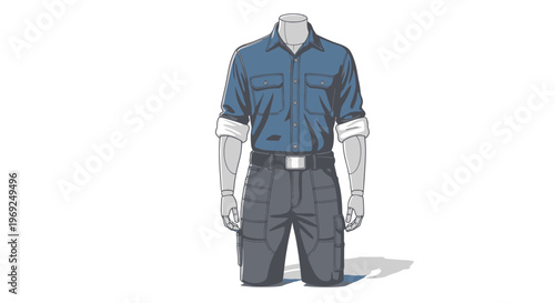 Mannequin wearing blue shirt and gray pants