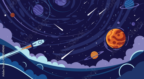 Rocket ship flying through a cosmic space scene with colorful planets, shooting stars, and swirling nebulas in a cartoon style.