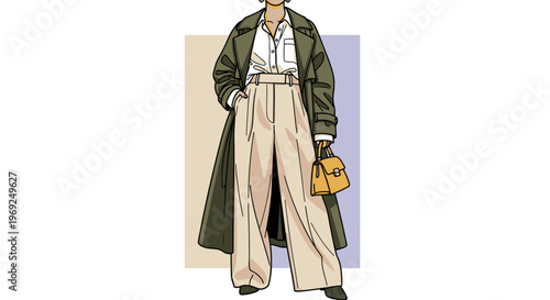 Fashionable woman in stylish outfit with trench coat and handbag