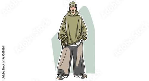 Cool young man in green hoodie and trendy baggy pants