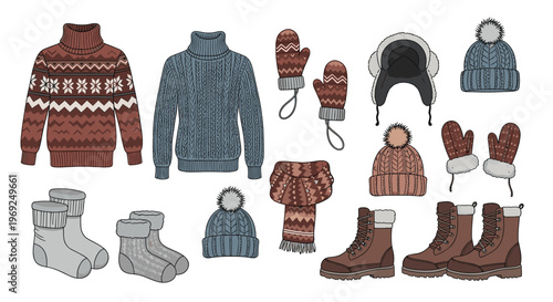 Assorted winter clothing items including knitted sweaters, hats, scarves, mittens, socks, and sturdy boots in brown and grey tones.