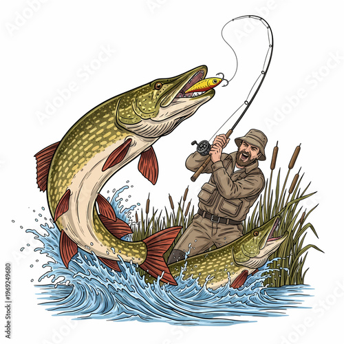 Northern pike fish jumping out of water with lure in mouth and fisherman catching it on background