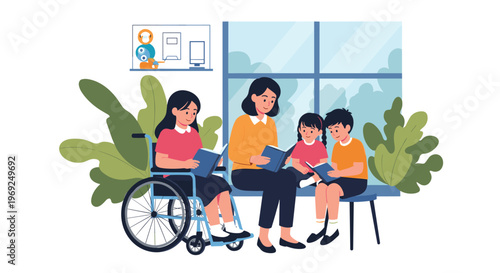 Female teacher reading a storybook to three young students including a girl in a wheelchair in a bright classroom setting.