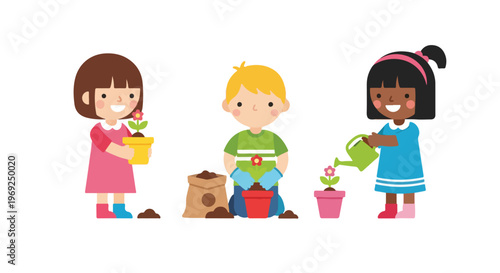 This vector illustration shows three diverse children happily engaged in gardening activities like planting and watering flowers in colorful pots.
