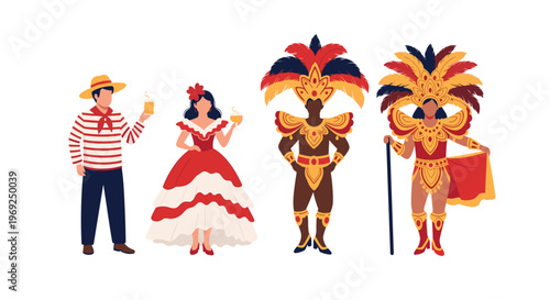 Group of people dressed in various colorful traditional and festive costumes for a carnival or masquerade celebration.