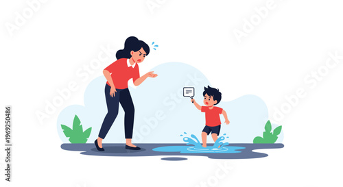 Angry mother scolding her young son who is jumping and splashing in a water puddle outdoors on a cloudy day scene.